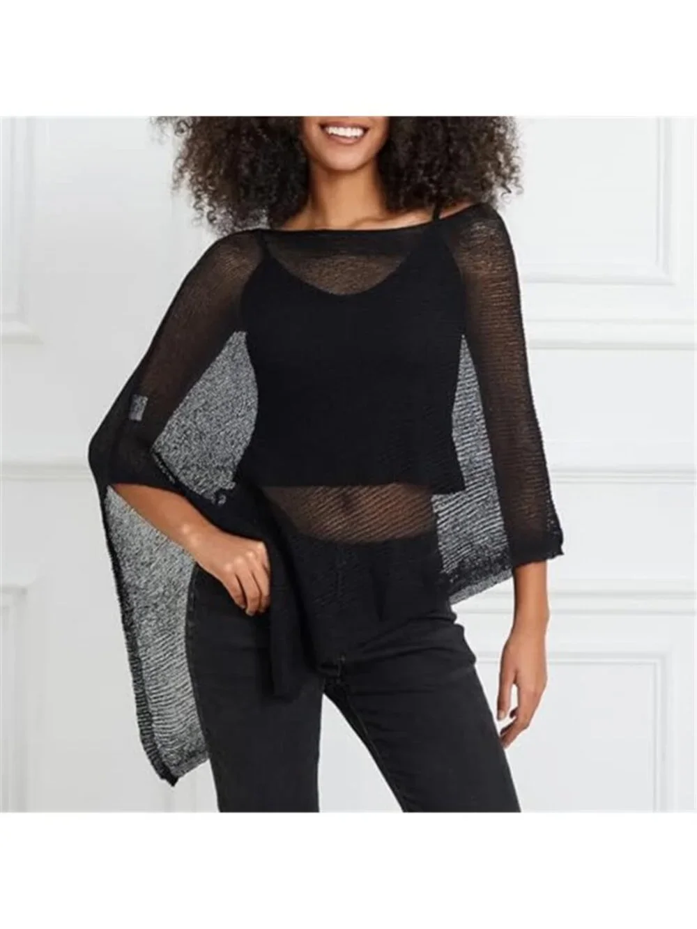 Womens Sheer Poncho Top Y2k Knitted Summer Asymmetrical Mesh Shawl Pullover